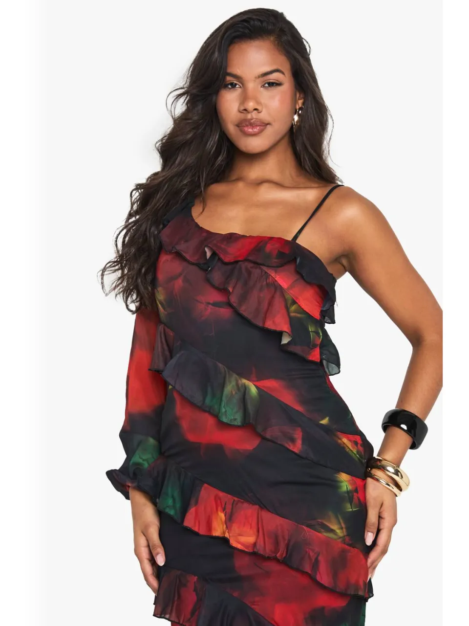 boohoo Dames Donkere maxijurk met bloemenprint en ruches zwart, foto 2