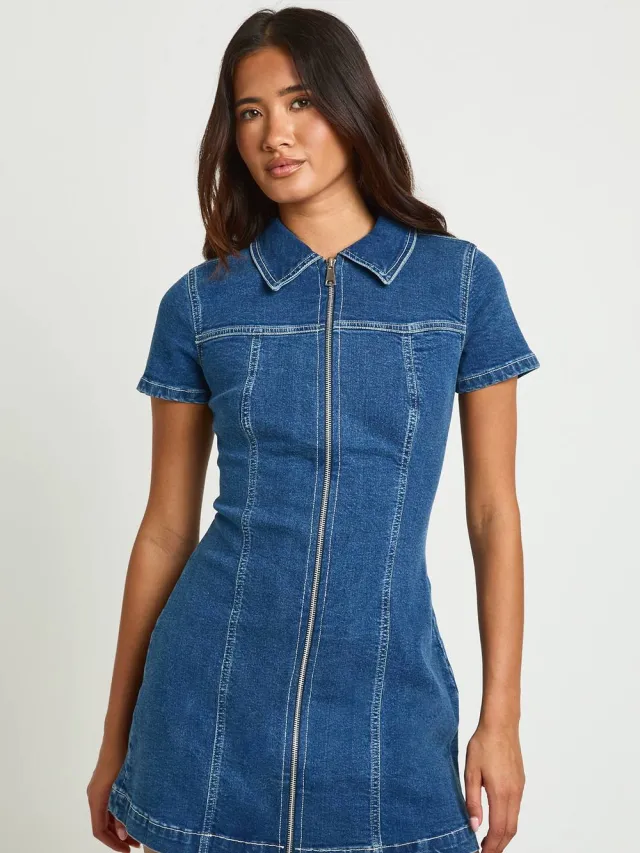 boohoo Dames Denim Jurk Met Korte Mouwen En Rits Aan De Voorkant
