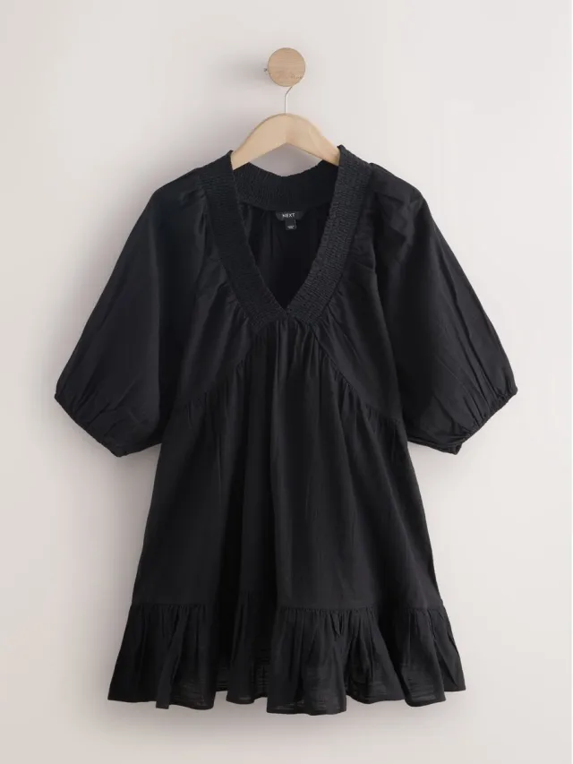 Next Dames - Mini-jurk met V-hals en pofmouwen - Zwart Black