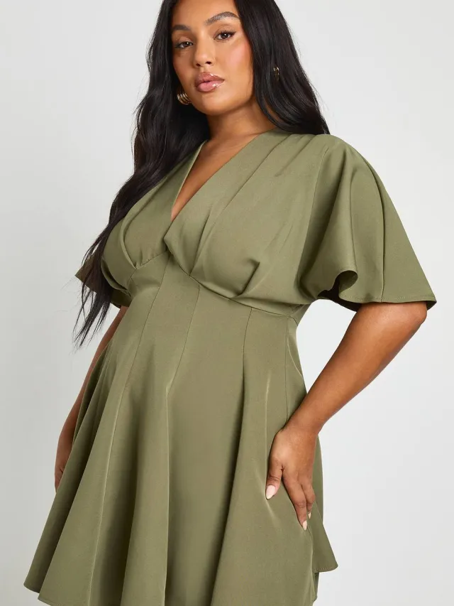 boohoo Dames Plus geplooide rok skaterjurk Kaki