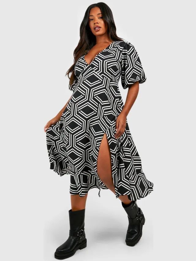 boohoo Dames Plus Mono Print Midi Smock Dress Zwart