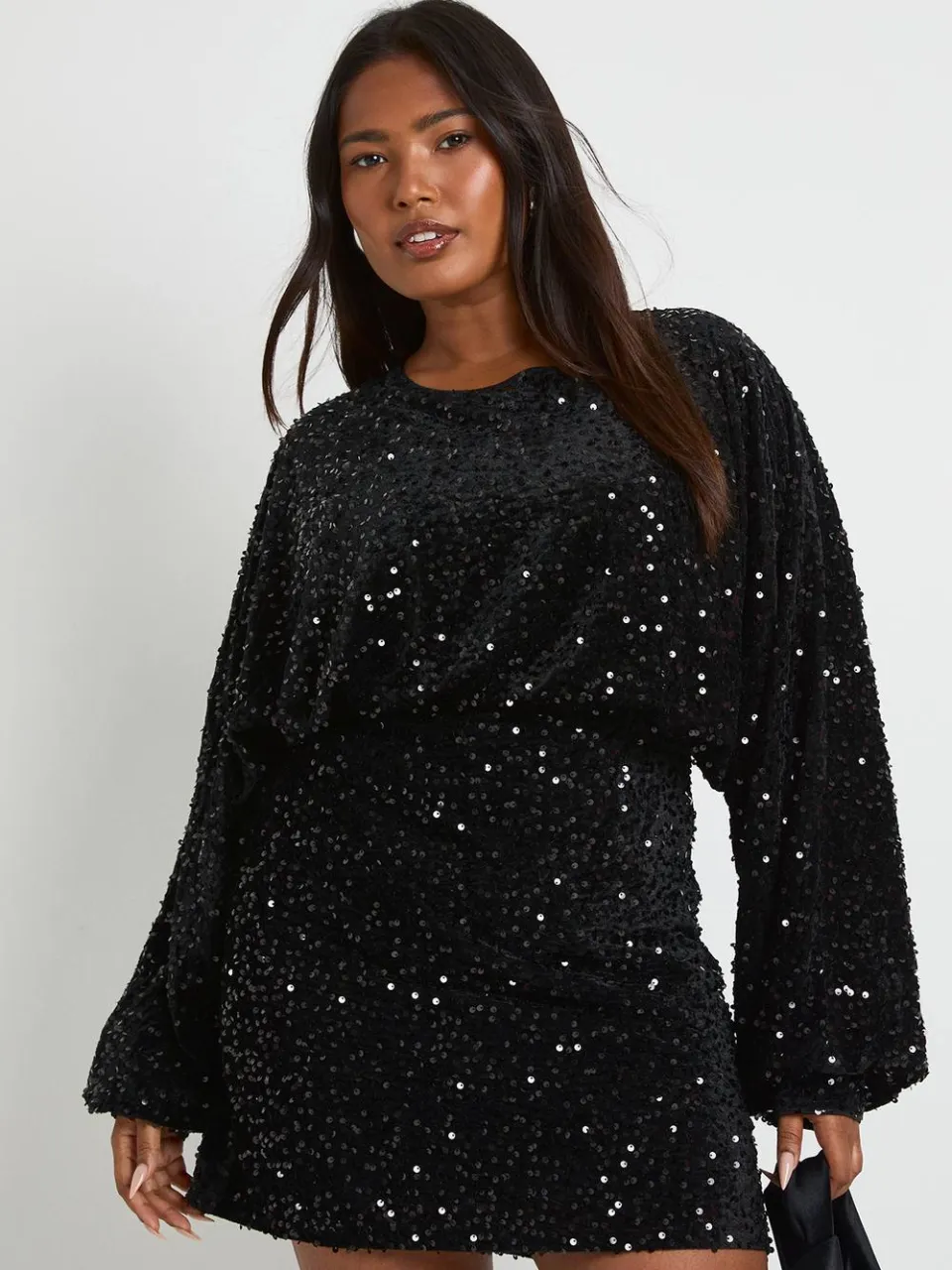 boohoo Dames Plus fluweel pailletten blouson mini jurk zwart, foto 3