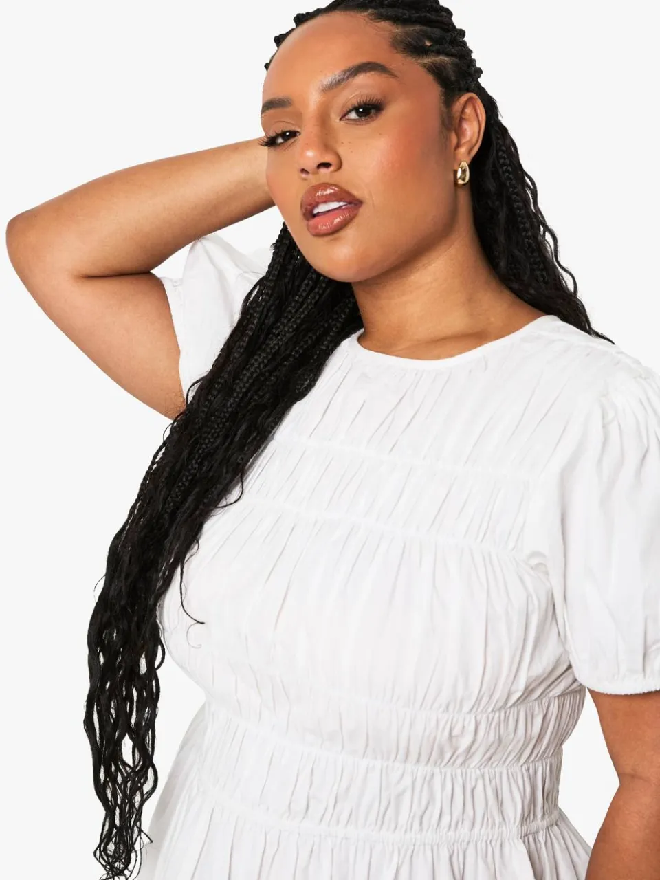 boohoo Dames Plus Cotton Shirred Skater Jurk wit, foto 4
