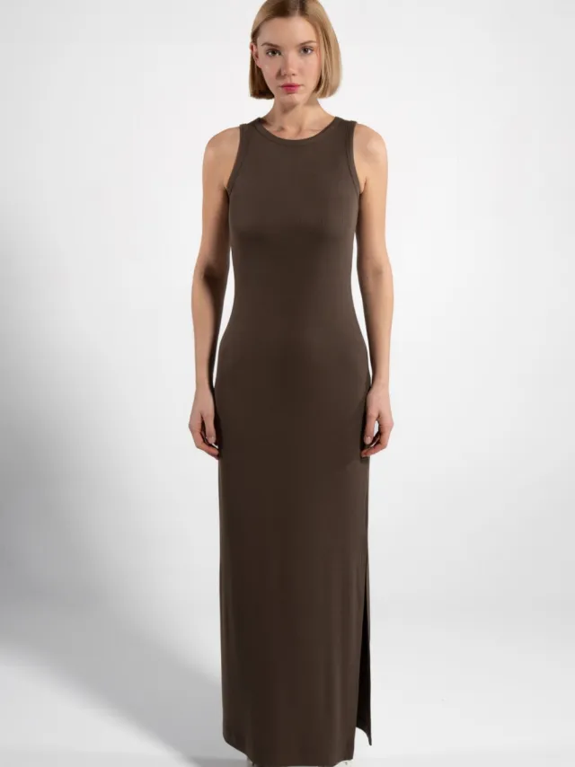 GORG dames vegan Maxi Jurk Mouwloos Olijfbruin