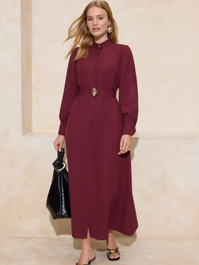 Turkishsouq Dames platte maxi lange casual/dagelijkse skater hijab jurk bordeauxrood, foto 2