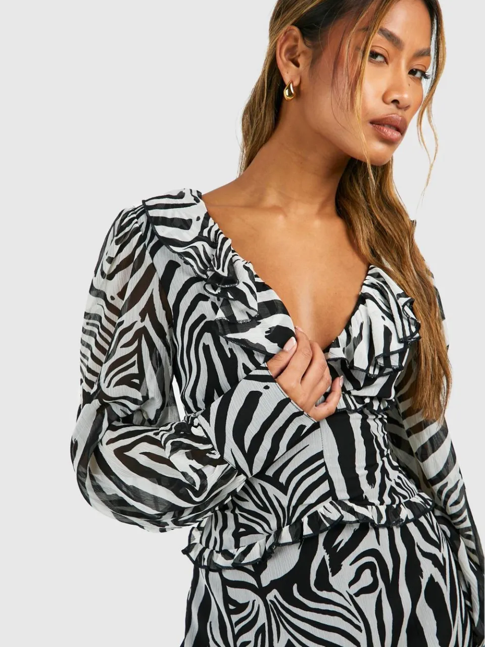 boohoo Dames Zebra Chiffon Ruffle Skater Jurk multicolor, foto 4