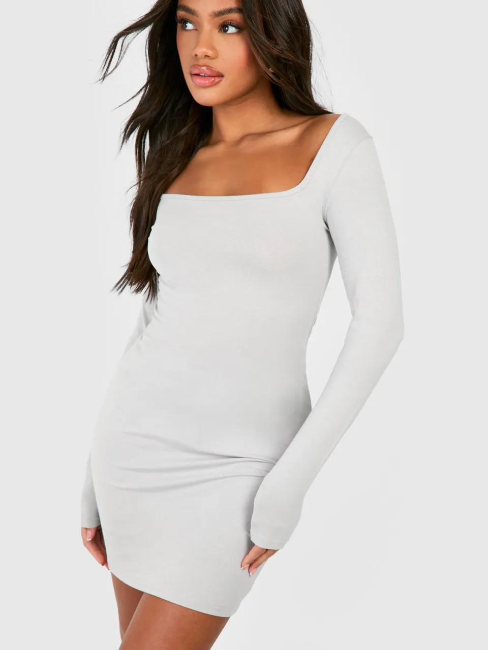 boohoo Dames Square Neck Modal Long Sleeve Bodycon Dress grijs, foto 4