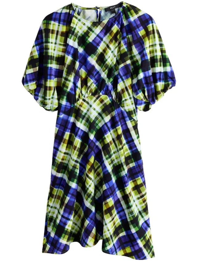 Next Dames - Mini-jurk met pofmouwen - Blauw Green/Blue Check Print