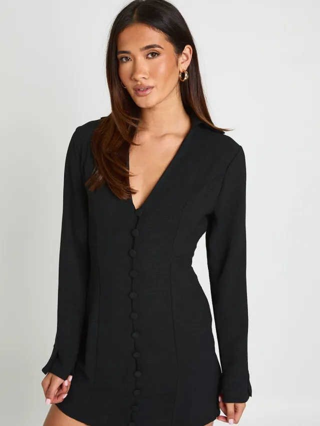 boohoo Dames Gehamerd Mini-jurk Met Knoopsluiting En Getailleerde Pasvorm Zwart