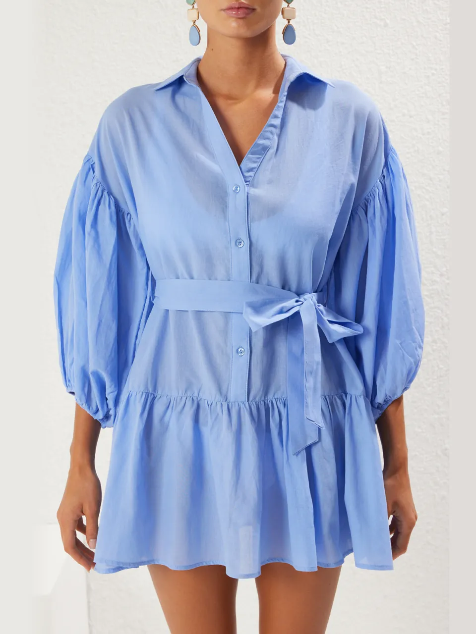 Trendyol TRENDYOLMİLLA Dames Blauw Effen Extra Kort / Super Mini Driekwart mouw Strandkleding Skater Strandjurken, foto 2