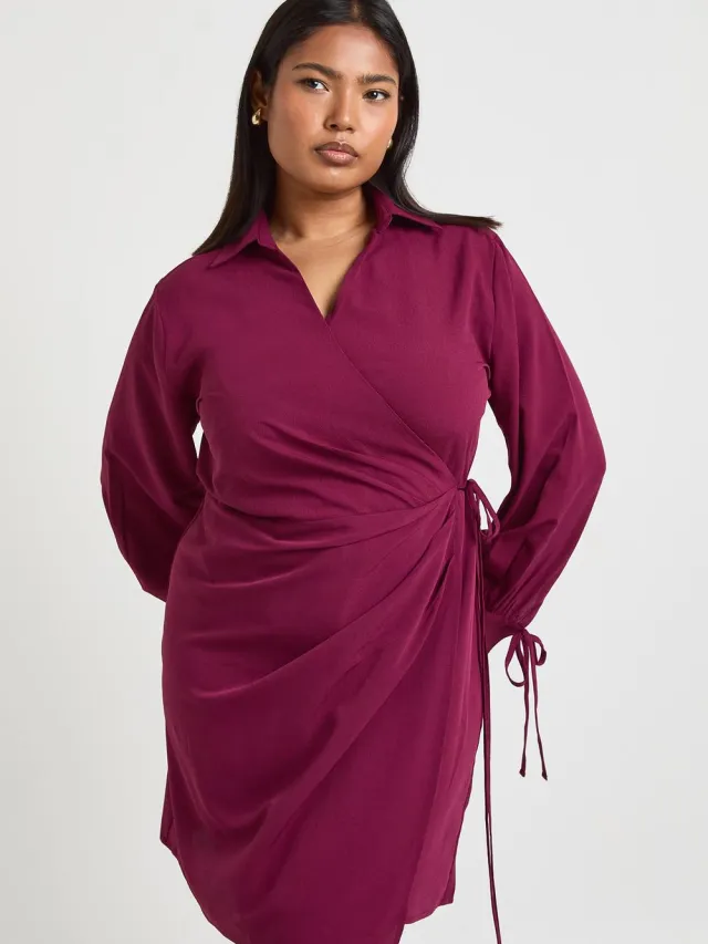 boohoo Dames Plus Geweven Wikkel Strik Midaxi Jurk pruim, foto 3