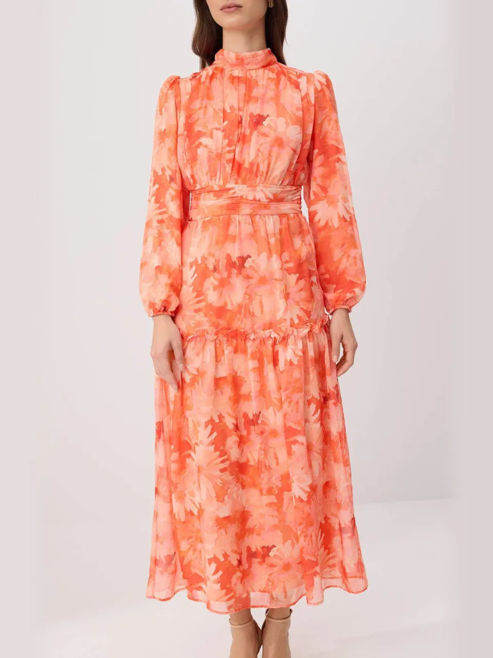 Trendyol Modest Dames Oranje Bloemen Maxi Lang Casual Skater Modest Jurken, foto 2