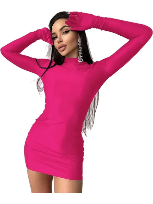 RedParrot Sexy Roze Jurk met lange Mouwen - Handschoenen - Korte Rok