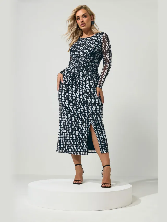 Yours London Curve Zwarte Geometrische Mesh Jurk Met Gedraaide Taille-56 Black