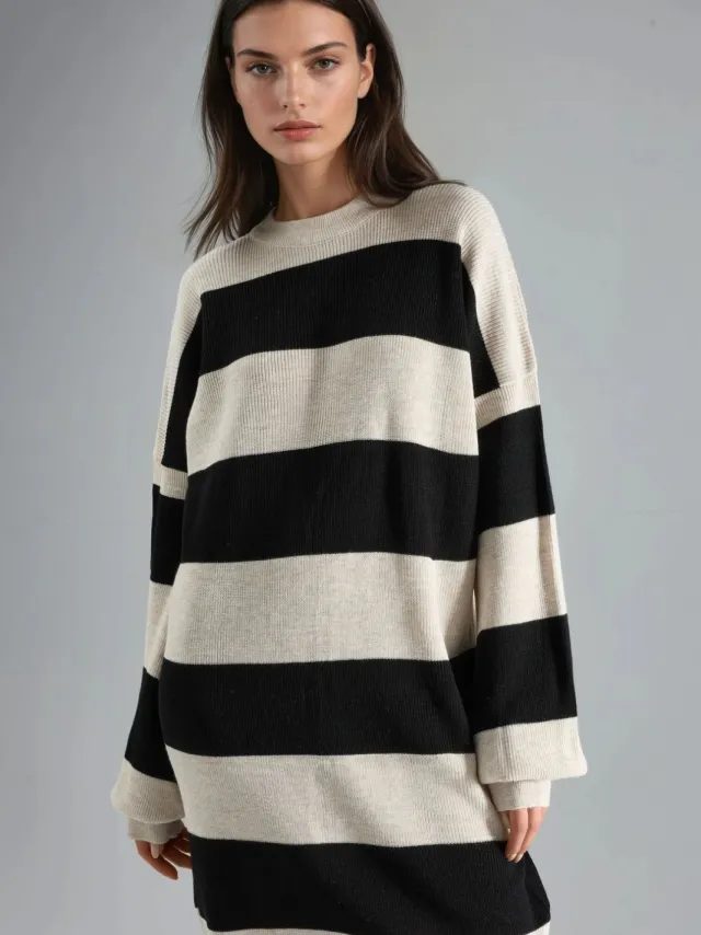 MyFashion Gestreepte Mini-jurk met Ronde Hals Naturel