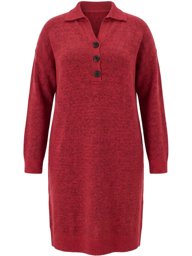 MIAMODA Dames - Gebreide jurk losse pasvorm polokraag lange mouwen - Rood - Maat 46+