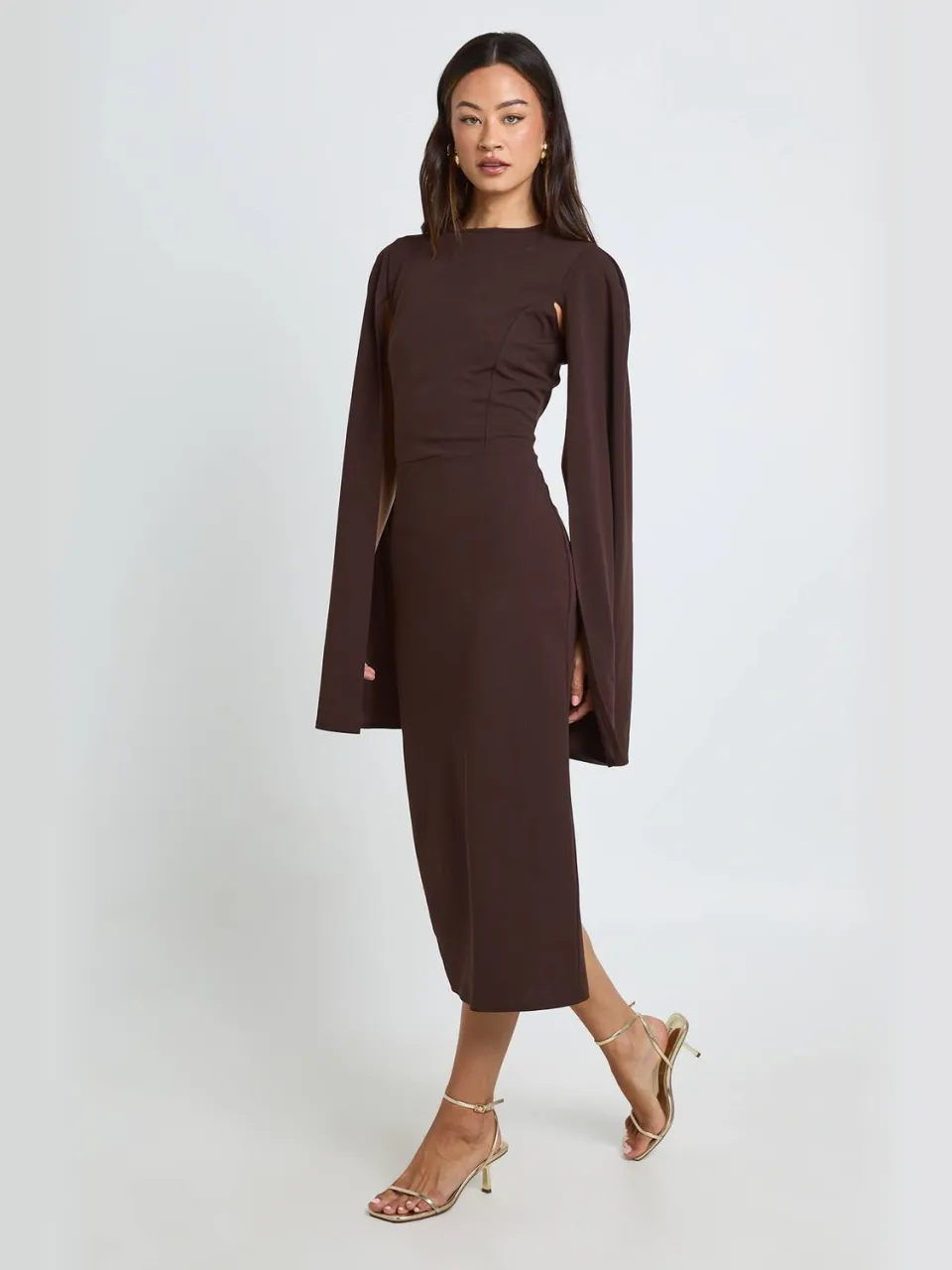 boohoo Dames Lange Midi Bodycon Jurk Met Cape Mouwen chocoladebruin, foto 3