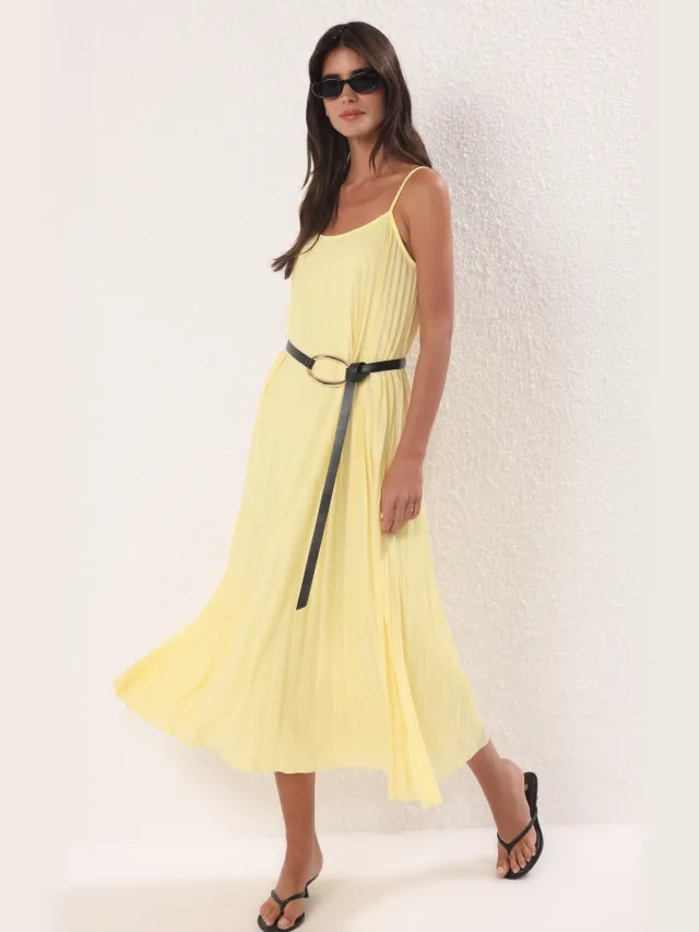 Trendyol TRENDYOLMİLLA Dames Donkerblauw Effen Maxi Mouwloos Casual A-lijn Jurken Geel