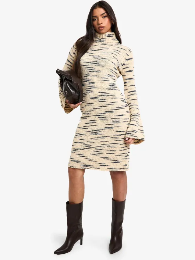 boohoo Dames Premium Marl Gebreide Rolkraag Midi Jurk Steen