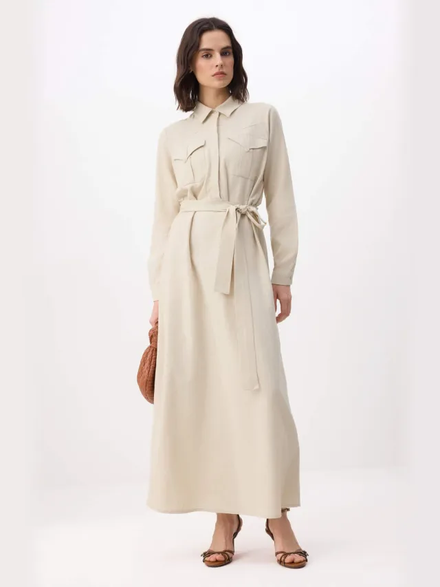 Turkishsouq Platte maxi-jurk voor dames, lange A-lijn model, geschikt voor hijab. Beige