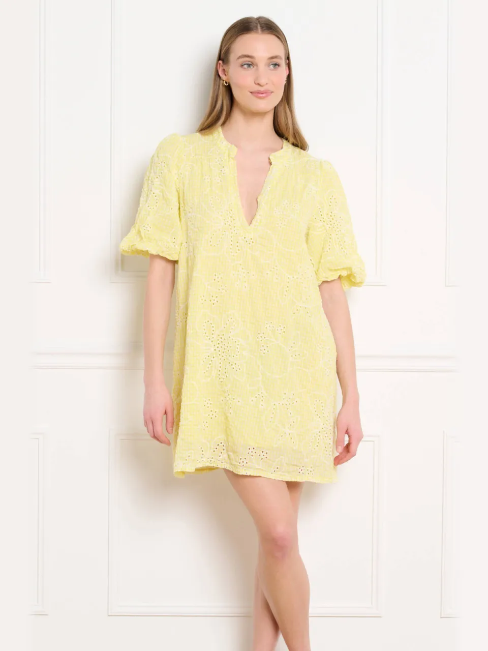 LOLALIZA geruite blousejurk broderie geel, foto 5