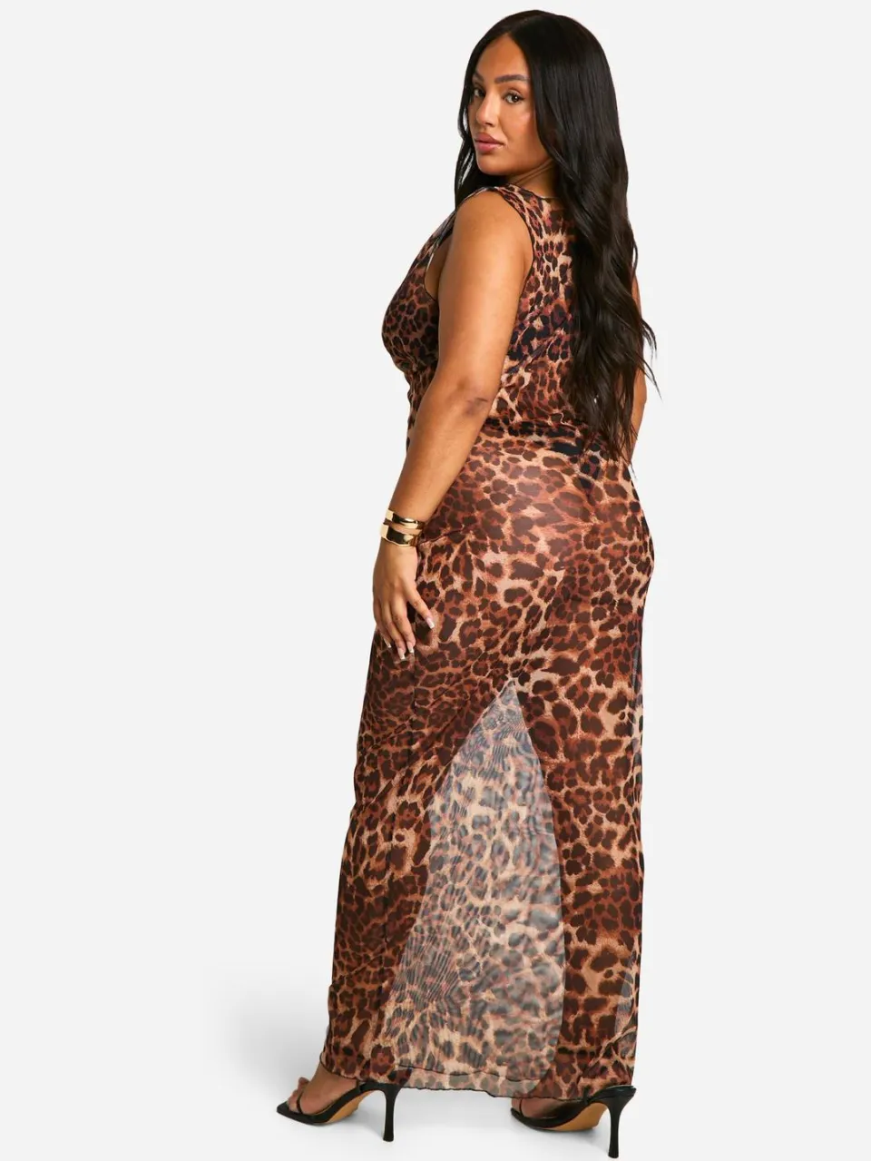 boohoo Dames Plus Luipaard Mesh Cowl Neck Maxi Jurk luipaardprint, foto 2