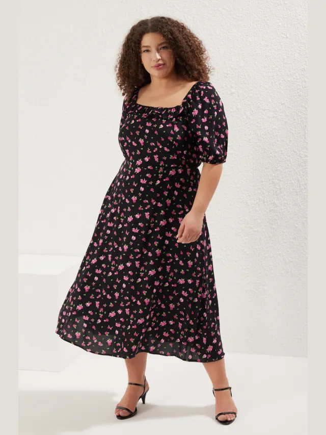 Trendyol Curve Dames Zwart Stippen Midi Kort Casual A-lijn Grote maten Jurk