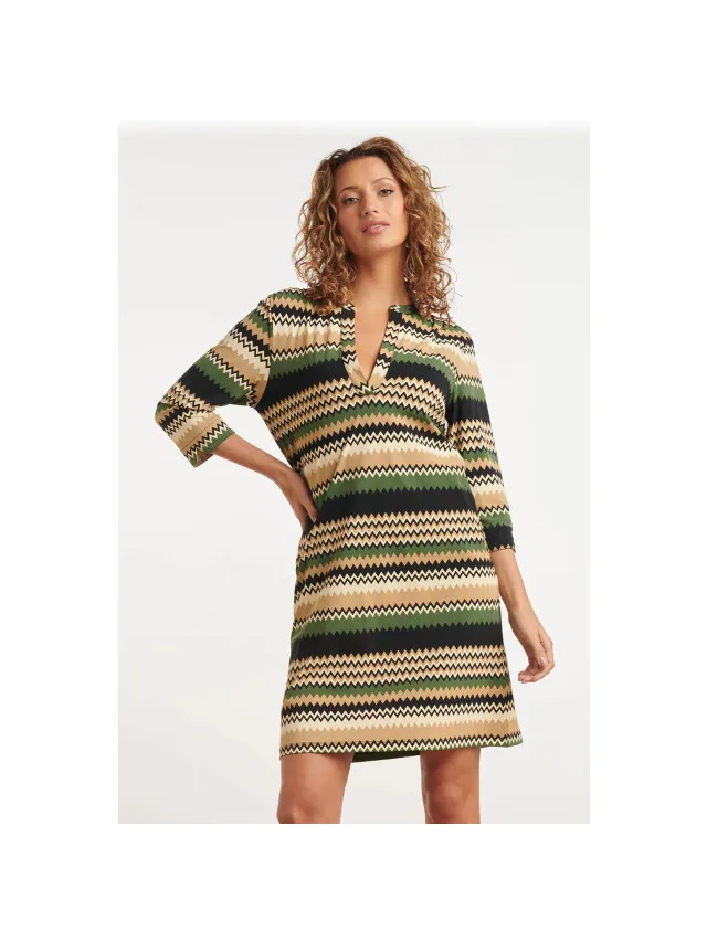 Smashed Lemon 24709 fitted zigzag print travel kwaliteit jurk Beige