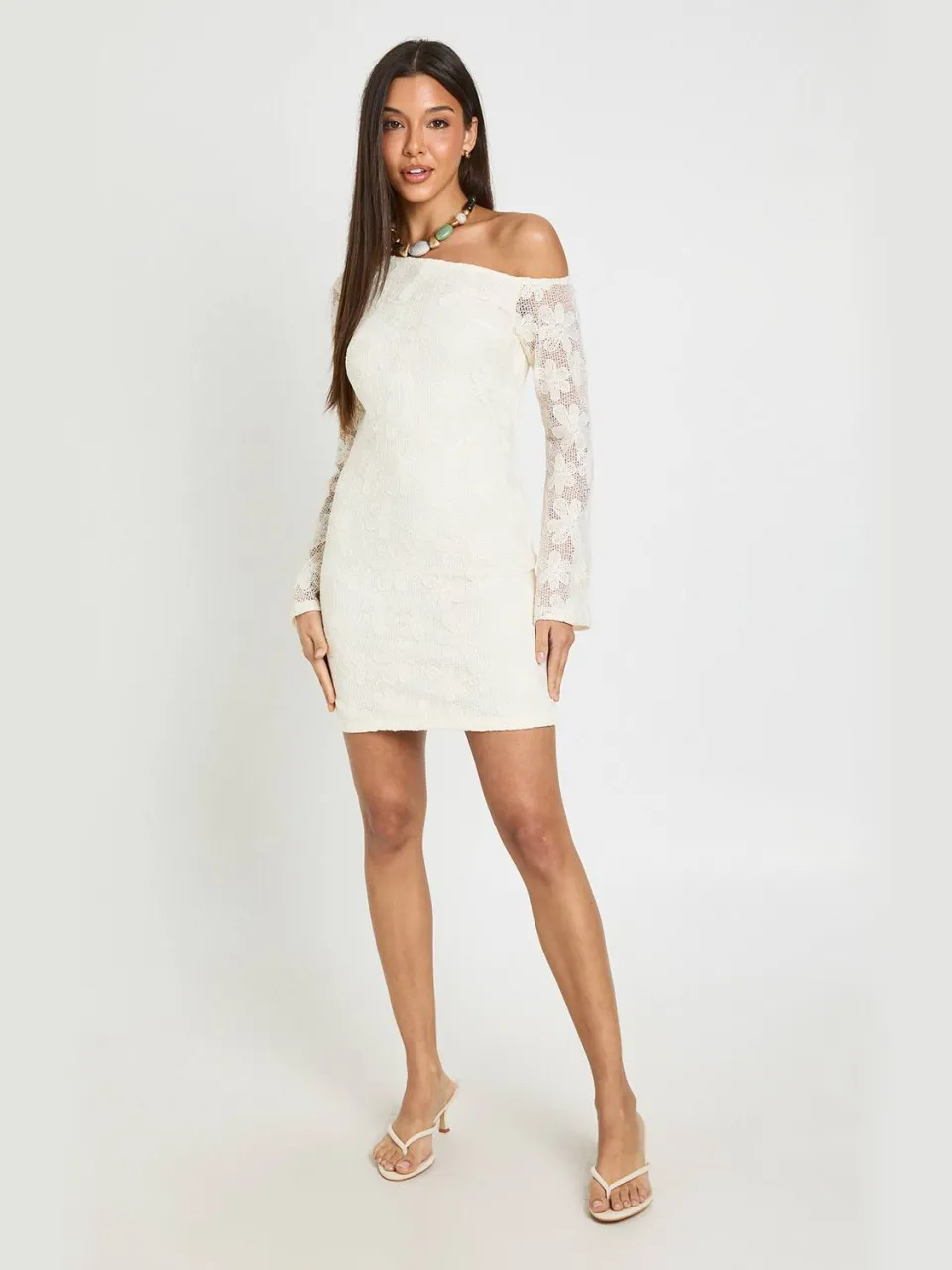 boohoo Dames Premium Kanten Off-shoulder Mini Jurk Met Haakwerk crème, foto 3