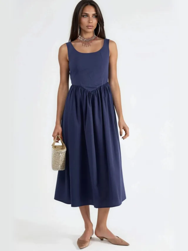 Busem Vierkante Kraag Midi-jurk met Strikdetail Marineblauw