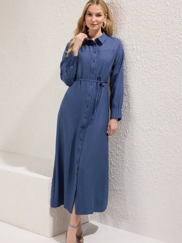 Trendyol Modest Dames Donkerblauw Effen Maxi Lang Casual Blousejurk Modest Jurken Marineblauw/Blauw