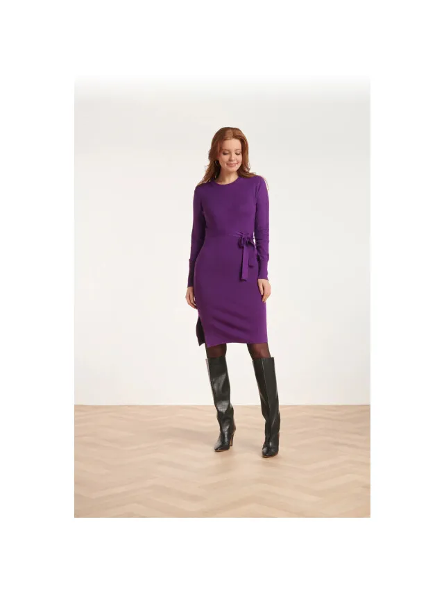 Smashed Lemon 24622 paarse gebreide jurk met ronde hals