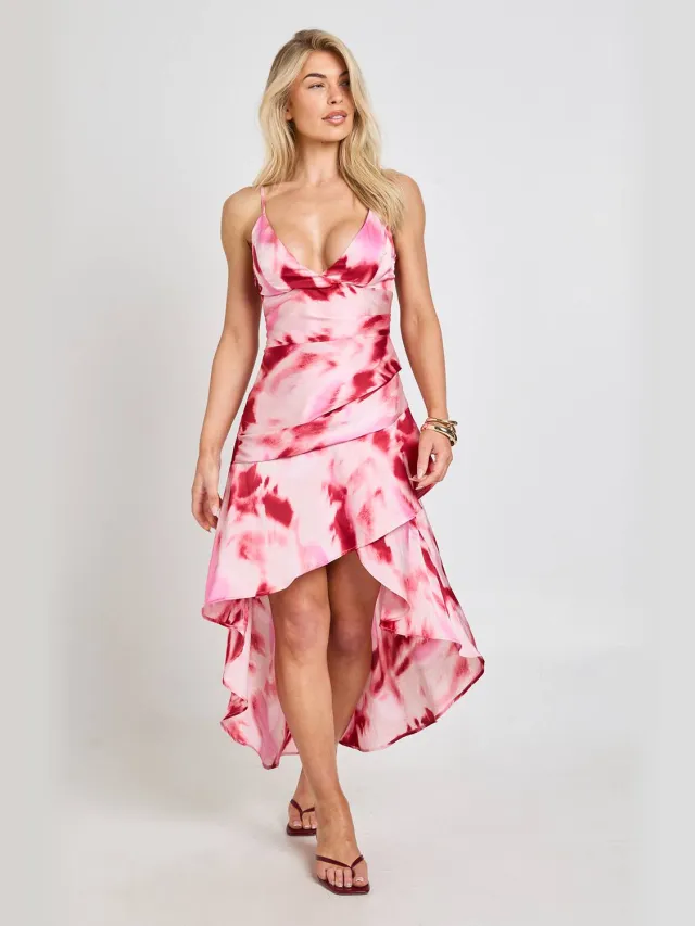 boohoo Dames Bedrukte Satijnen Asymmetrische Maxi Jurk Roze