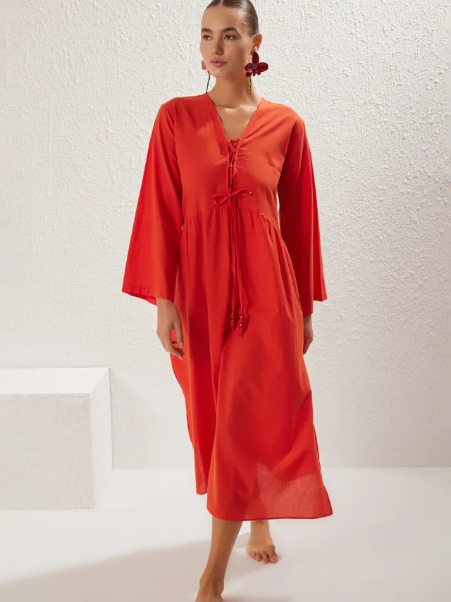 Trendyol TRENDYOLMİLLA Dames Rood Effen Maxi Lang Strandkleding Recht Strandjurken