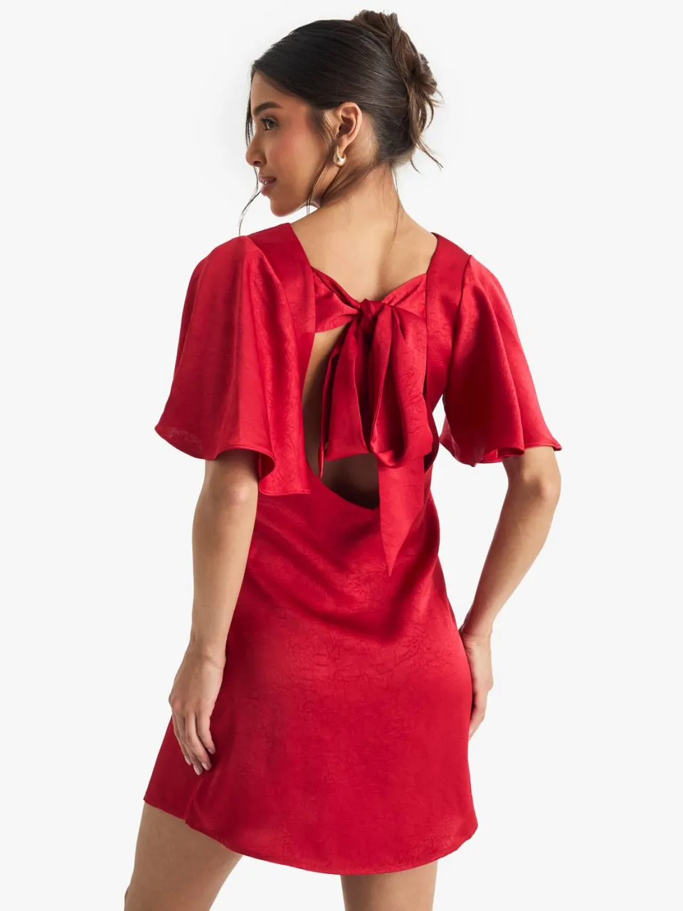 boohoo Dames Minijurk met strikdetail aan de achterkant en engelachtige mouwen rood, foto 2
