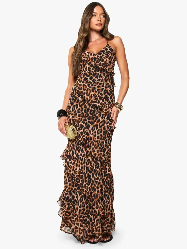 boohoo Dames Leopard Chiffon Ruffle Maxi Jurk Bruin
