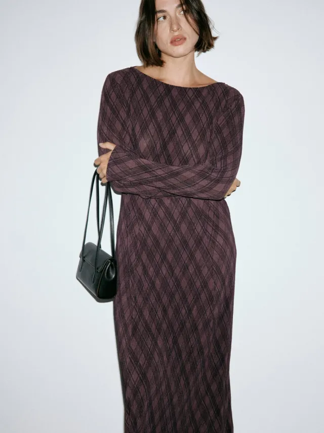 Mango geruite midi jurk - bruin