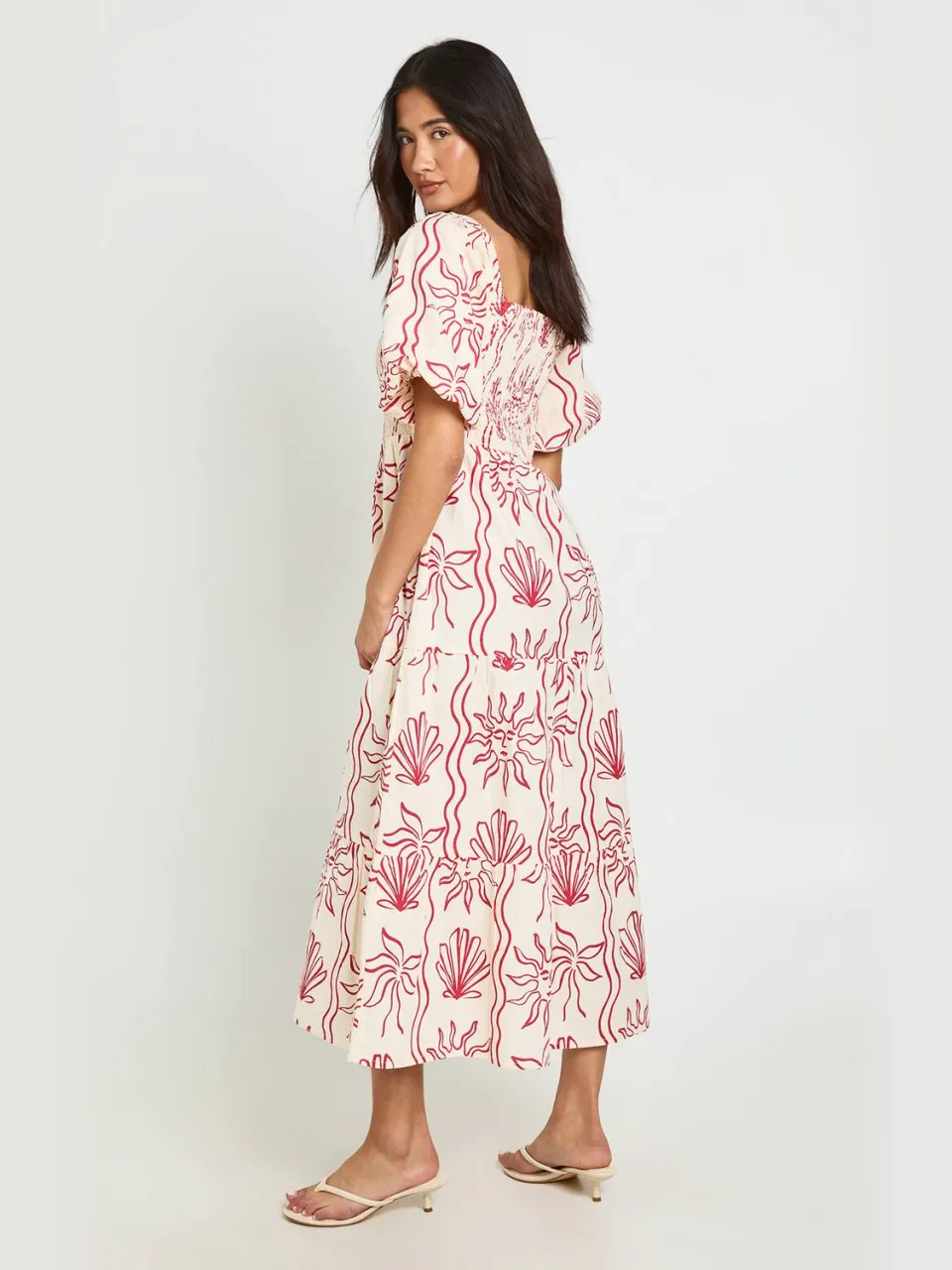 boohoo Dames Schelp Print Linnen Look Volume Mouw Gelaagde Midaxi Jurk rood, foto 2