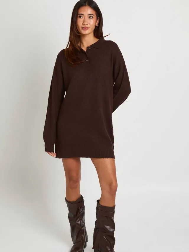 boohoo Dames Gebreide Trui-jurk Met Kraag En Knoopsluiting In Oversized Model Chocoladebruin