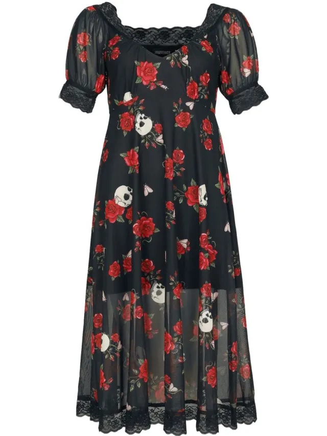 Jawbreaker Skull And Rose Print Lace Panel Midi Dress Dames Midi-jurk - meerkleurig multicolor