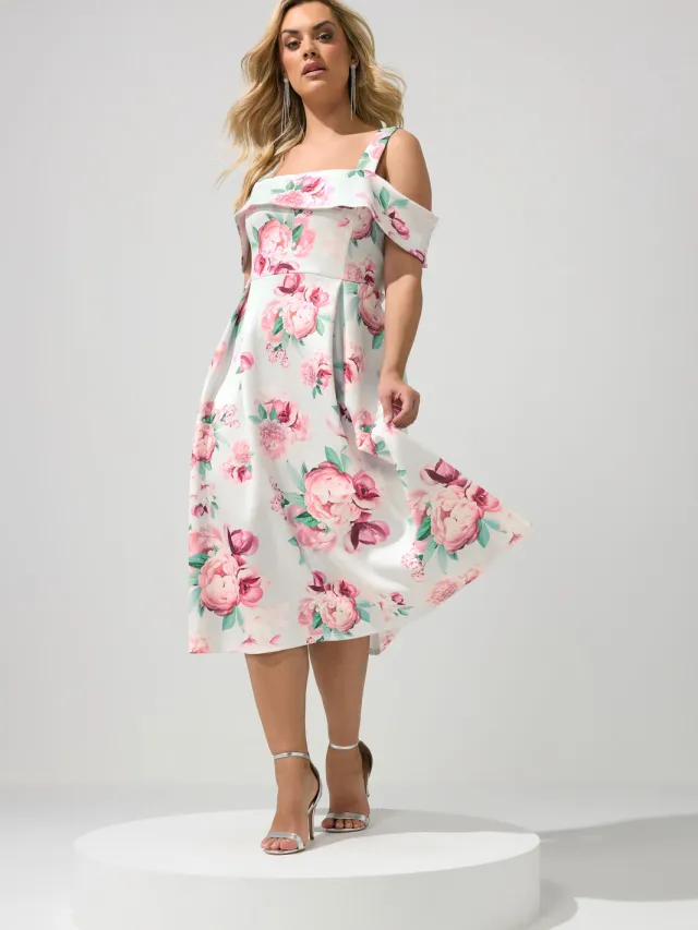 Yours London Saliegroene Skaterjurk Met Bloemenprint En Blote Schouders Green