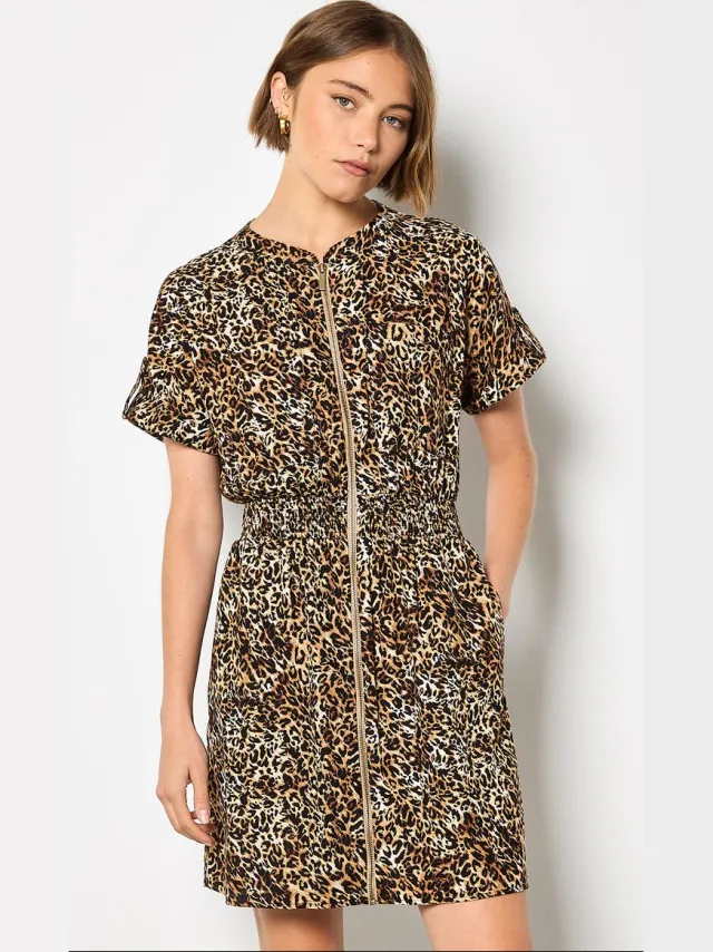 Apricot Mini-jurk met ritssluiting en luipaardprint Bruin