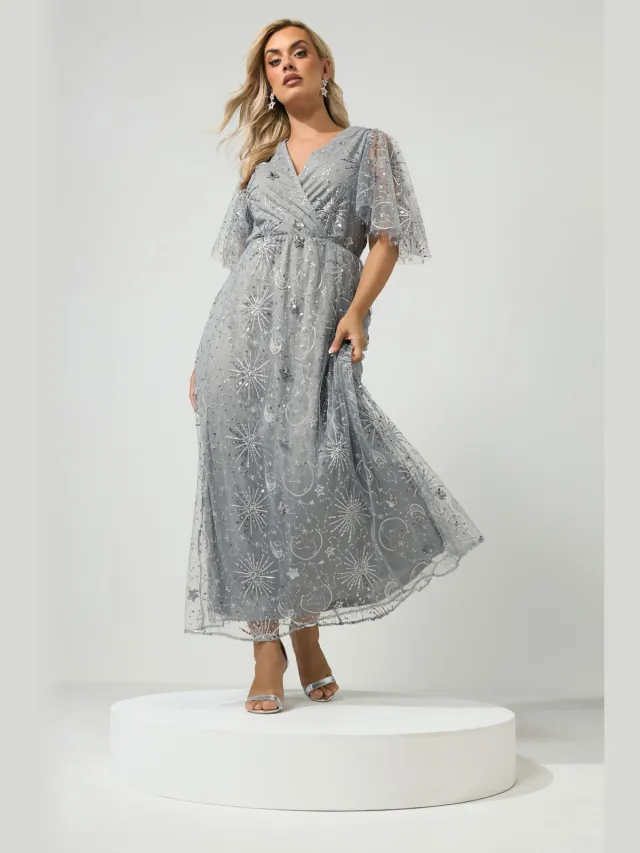 Yours London Curve Zilveren Maxijurk Met Hemelsblauwe Pailletten Silver