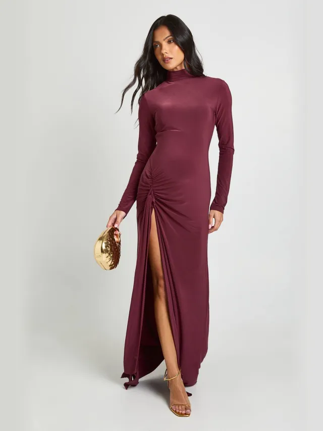 boohoo Dames Zwangerschaps Maxi Jurk Met Lange Mouwen, Knoopdetail En Dijhoge Split Pruim