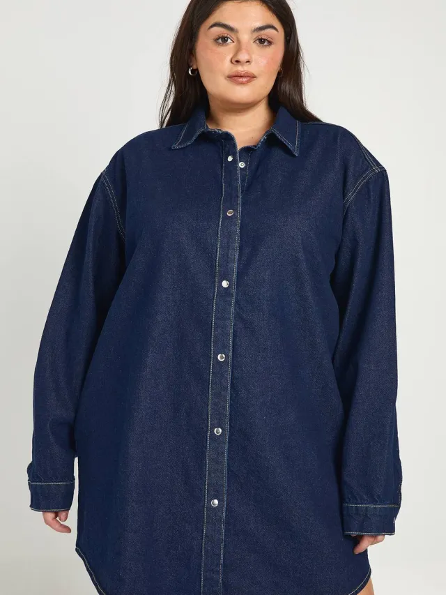 boohoo Dames Plus Oversized Denim Jurk Met Hemdkraag Indigo
