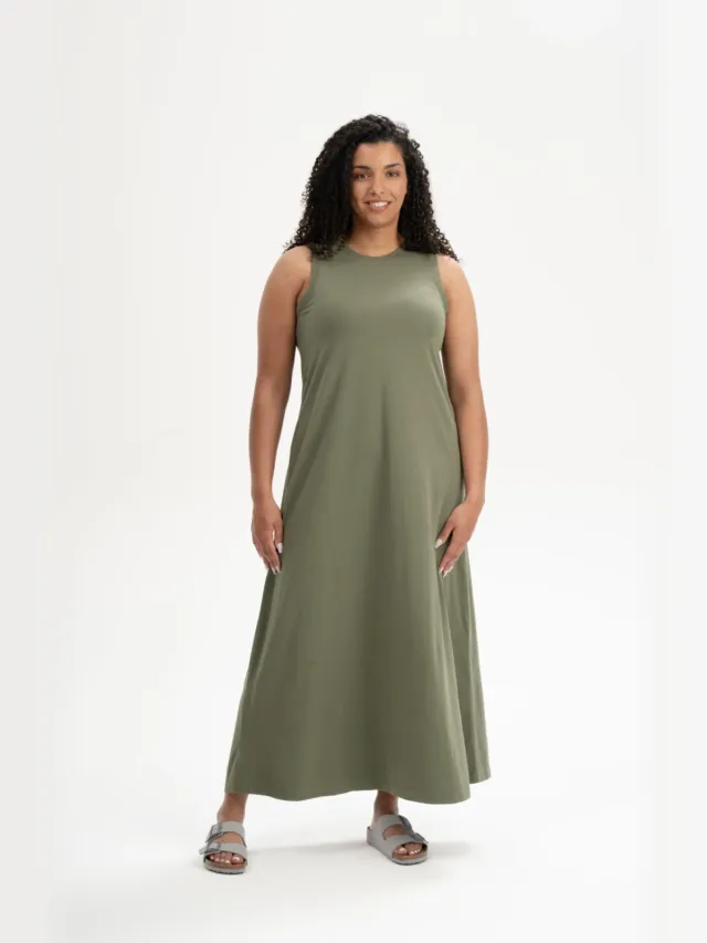 MELA dames vegan Maxi Jurk Mahika Tijm Olijfgroen