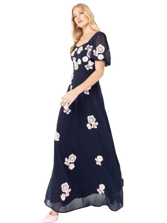 Maya Deluxe Dames/Dames geborduurde Maxi jurk met pofmouwen (Marine) Marineblauw
