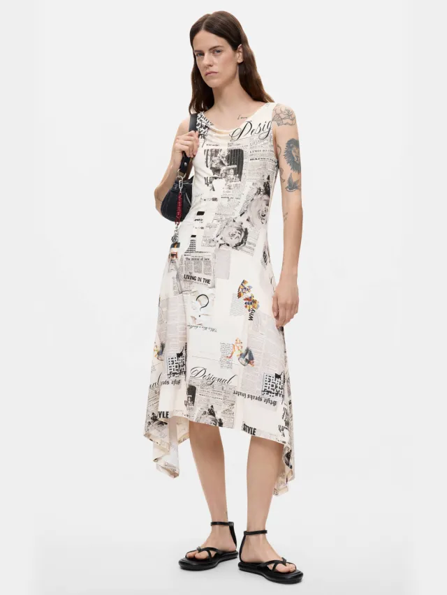 Desigual midi jurk met print - ecru Ecru/zwart