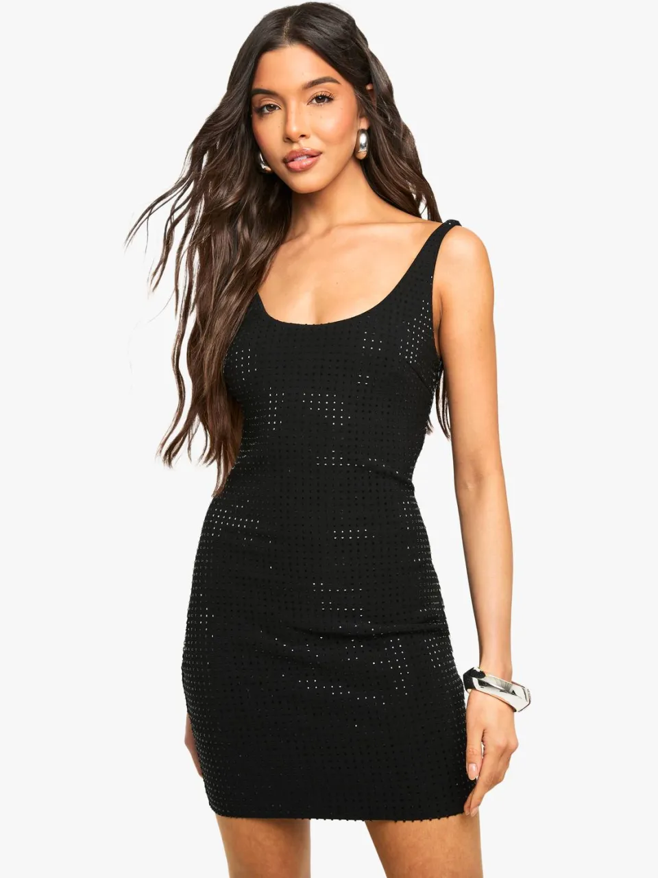 boohoo Dames Hotfix Diamante Scoop Neck Mini Jurk zwart, foto 3