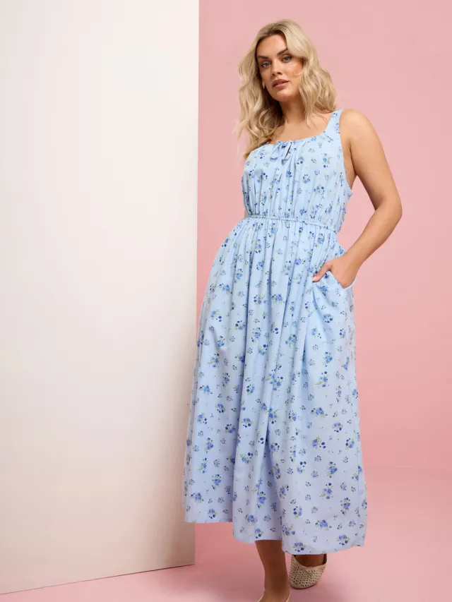 Yours Blauwe Linnen Jurk Met Fijne Bloemenprint In Melkmeisjestijl-52 Blue
